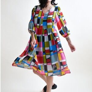 Altar Houseline Monique Dress Bauhaus Print‎ Colorful Geometric Chiffon V Neck M